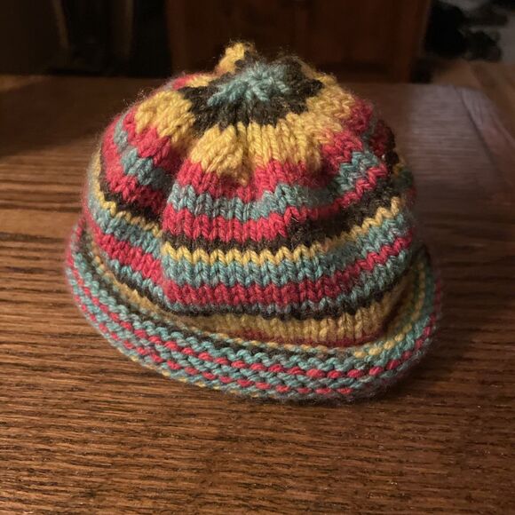 Hand Knit Newborn Infant Winter Hat, Cap Hippie Boho Multicolor Stripes ￼ - Picture 1 of 4